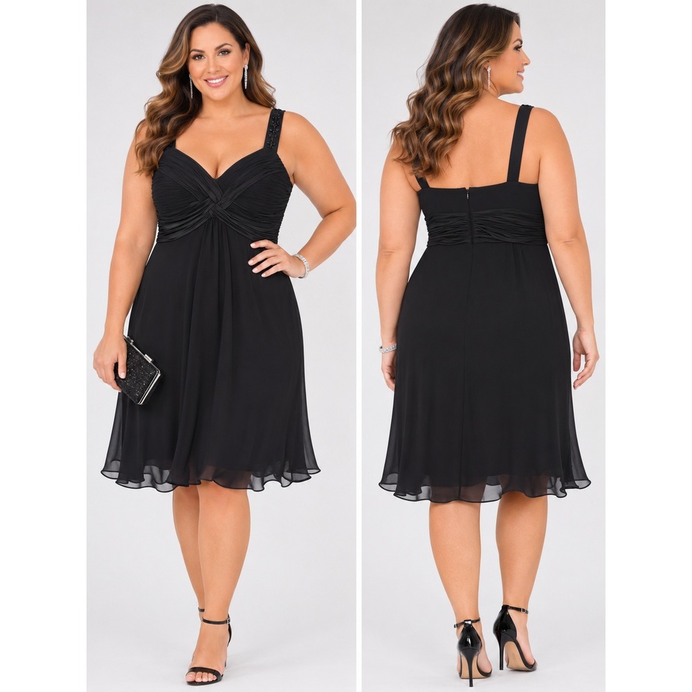Black Cocktail Dress sz. 14 Ruched Beaded Strap Chiffon LBD Cocktail‎ Party Goth
